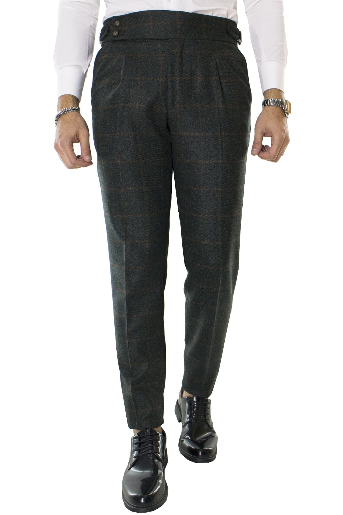 Pantalone uomo verde fantasia quadri in lana vita alta con pinces e fibbie laterali vitale barberis canonico