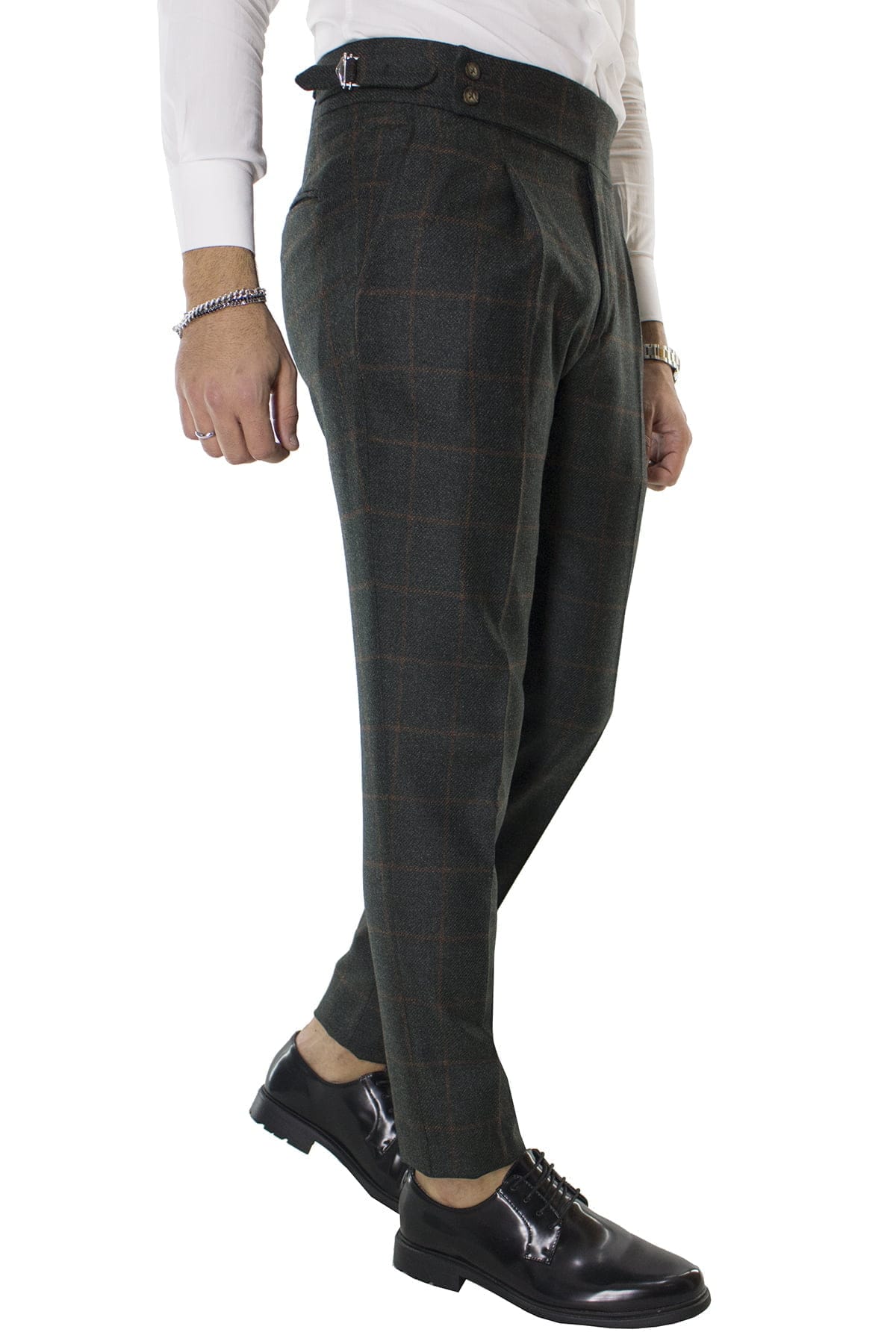 Pantalone uomo verde fantasia quadri in lana vita alta con pinces e fibbie laterali vitale barberis canonico