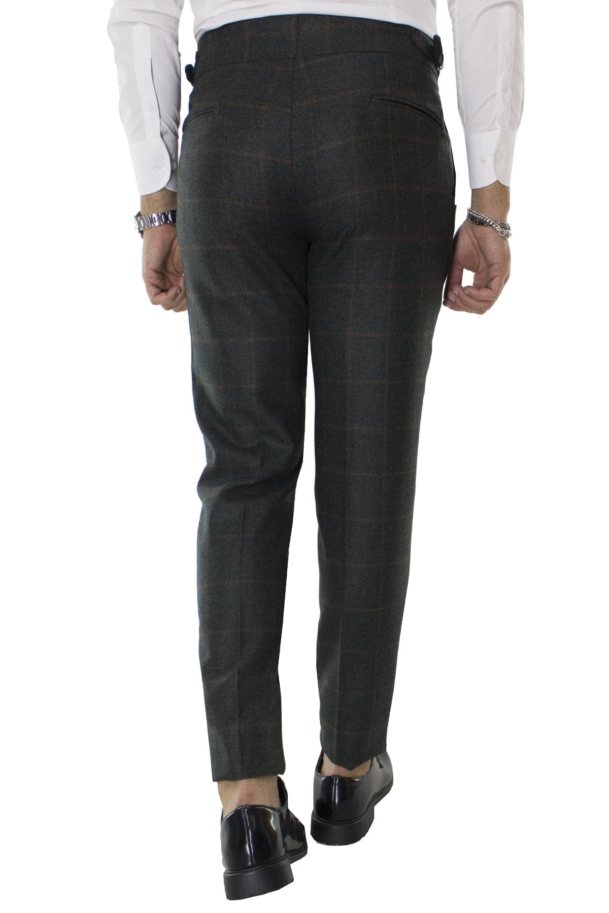 Pantalone uomo verde fantasia quadri in lana vita alta con pinces e fibbie laterali vitale barberis canonico