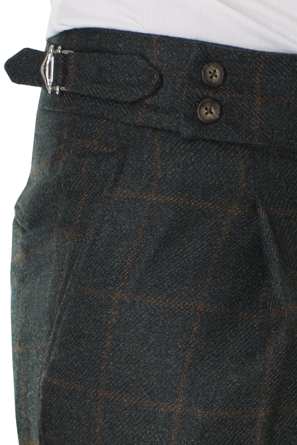 Pantalone uomo verde fantasia quadri in lana vita alta con pinces e fibbie laterali vitale barberis canonico