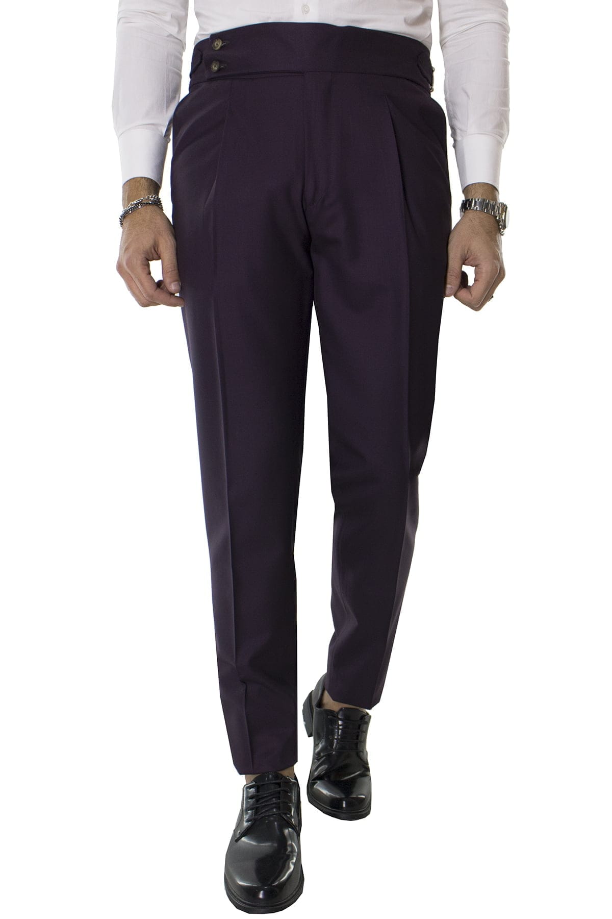 Pantalone uomo viola in fresco lana super140s vita alta con pinces e fibbie laterali Holland & Sherry