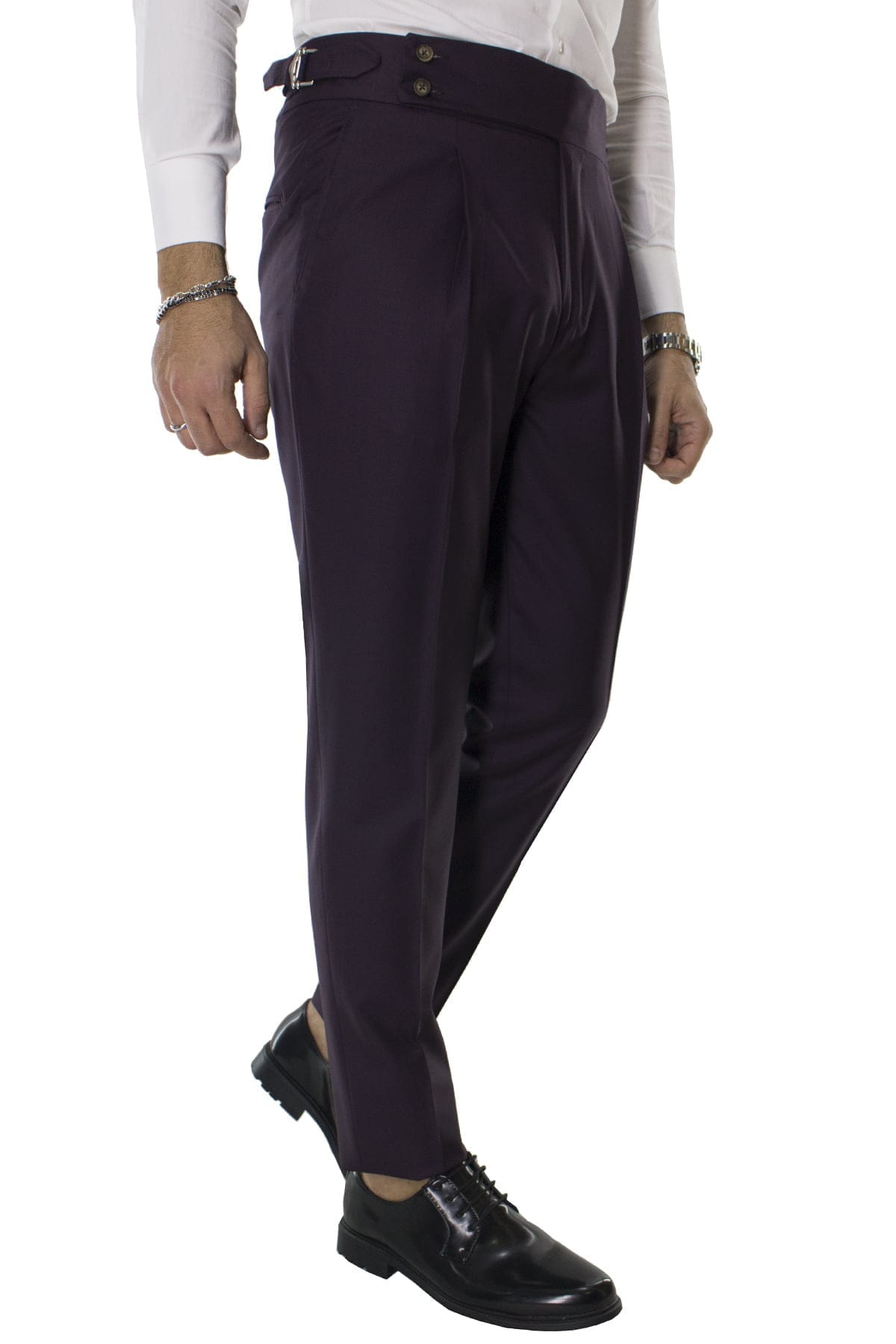 Pantalone uomo viola in fresco lana super140s vita alta con pinces e fibbie laterali Holland & Sherry