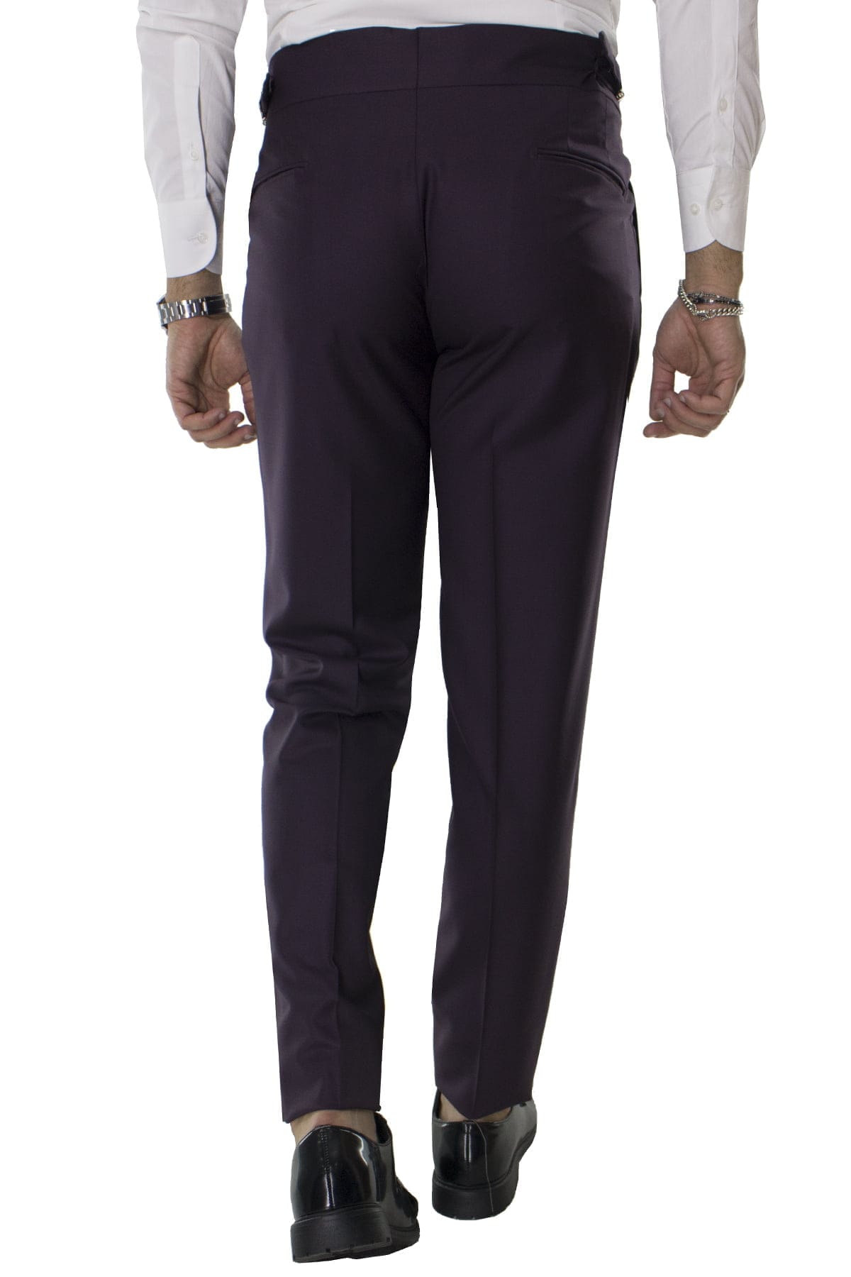 Pantalone uomo viola in fresco lana super140s vita alta con pinces e fibbie laterali Holland & Sherry