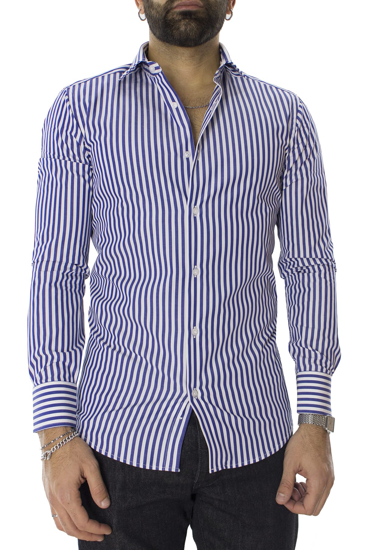 Camicia Uomo righe Larghe Slim fit  Collo semi francese 100% cotone made in italy