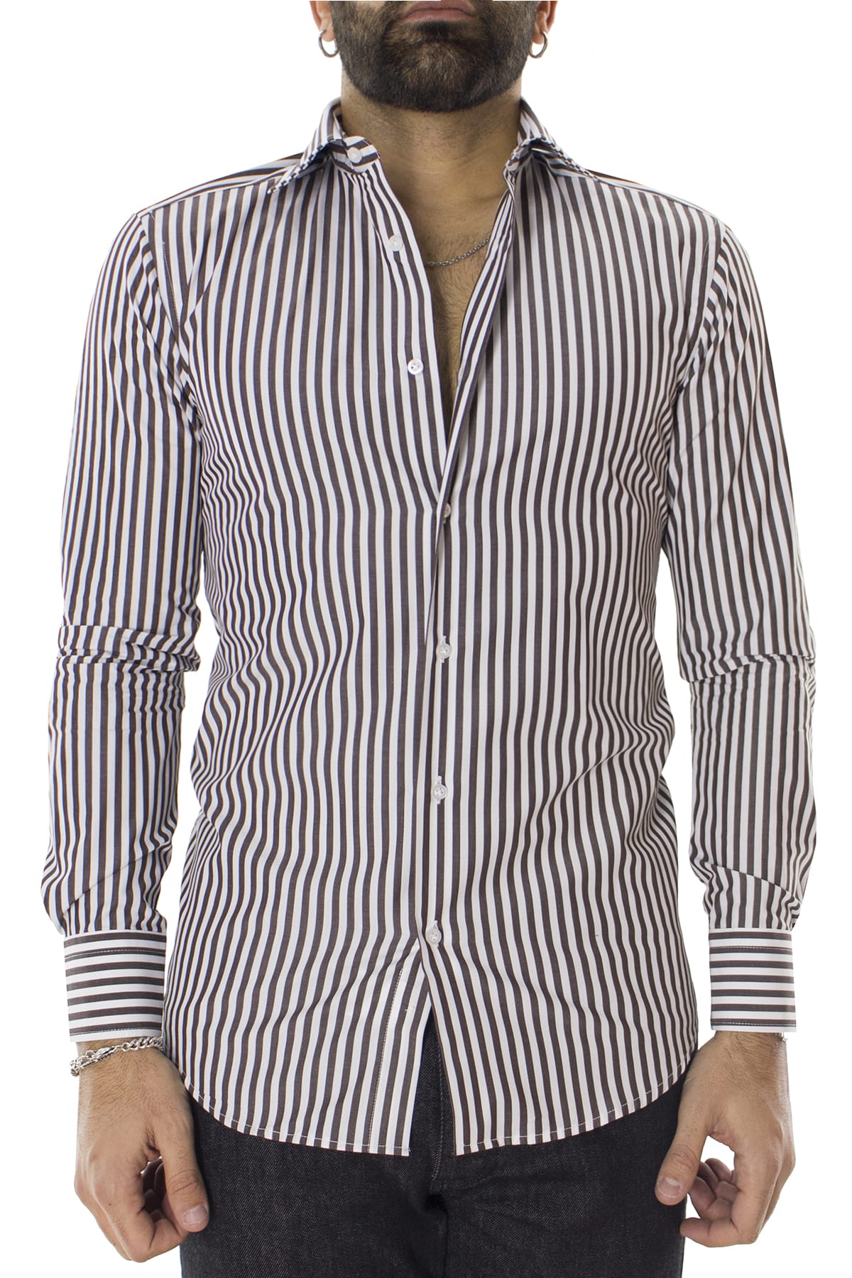 Camicia Uomo righe Larghe Slim fit  Collo semi francese 100% cotone made in italy