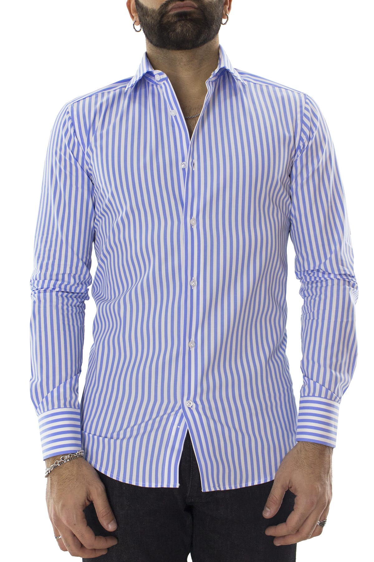 Camicia Uomo righe Larghe Slim fit  Collo semi francese 100% cotone made in italy
