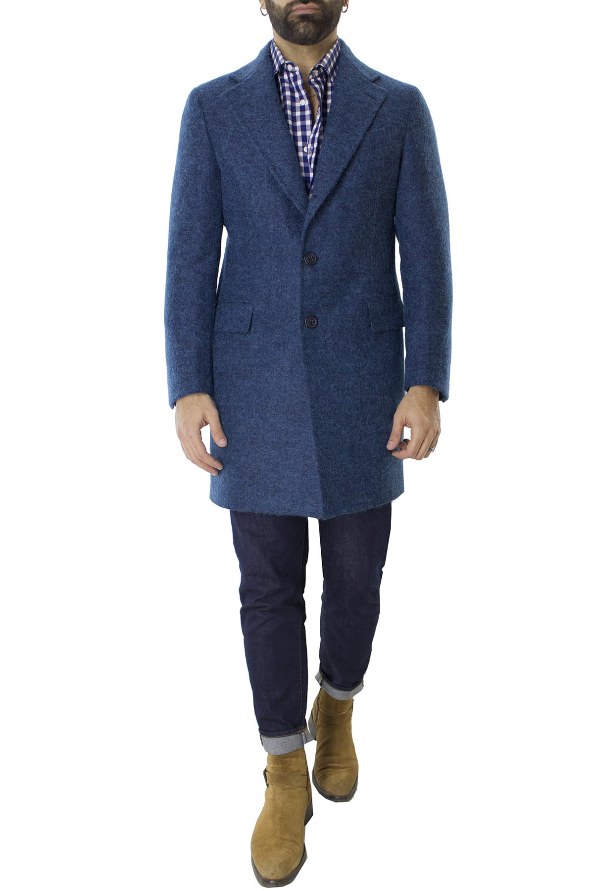 Cappotto uomo bluette monopetto in lana mohair e seta rever largo Vitale Barberis Canonico