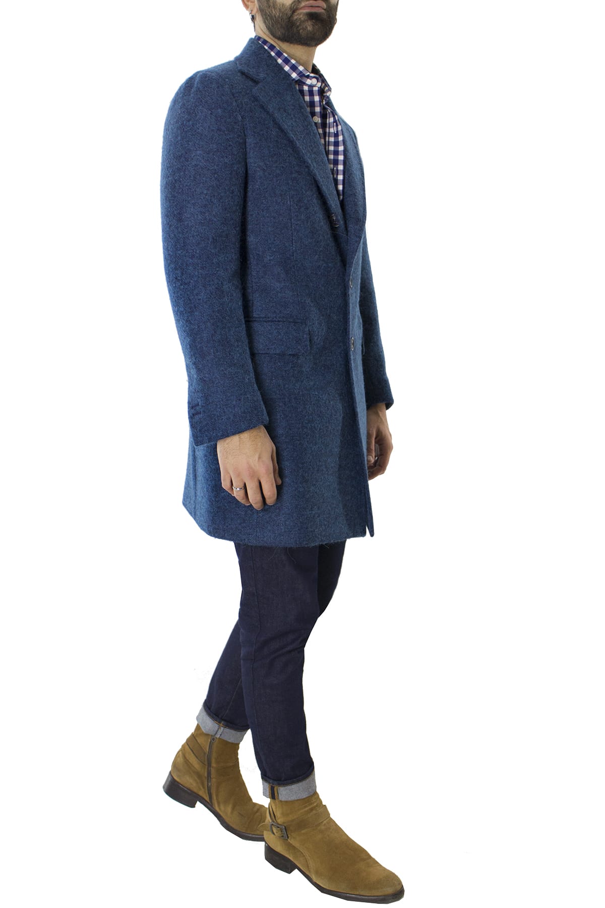 Cappotto uomo bluette monopetto in lana mohair e seta rever largo Vitale Barberis Canonico