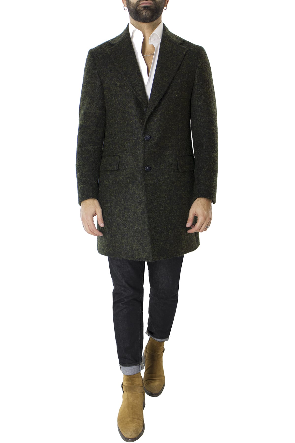 Cappotto uomo verde monopetto in lana mohair e seta rever largo Vitale Barberis Canonico