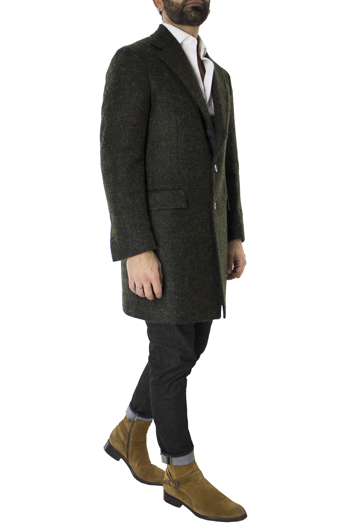 Cappotto uomo verde monopetto in lana mohair e seta rever largo Vitale Barberis Canonico