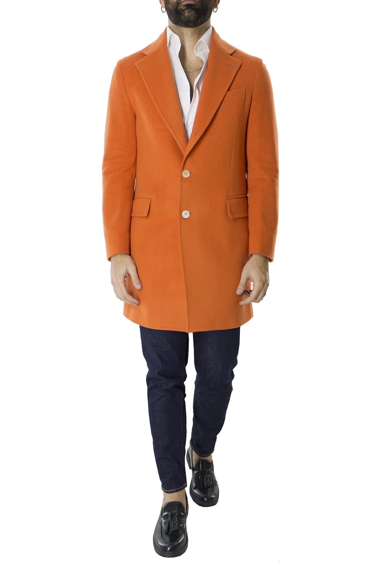 Cappotto uomo arancio monopetto in lana rever largo made in italy