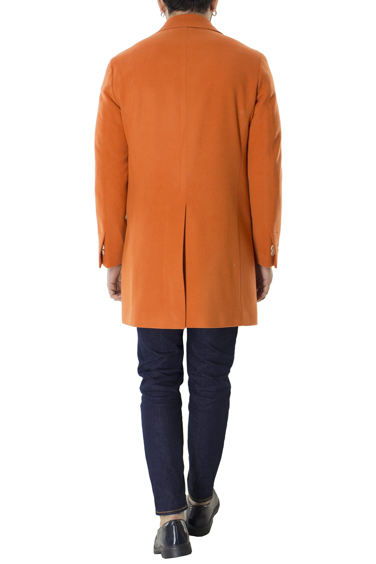 Cappotto uomo arancio monopetto in lana rever largo made in italy