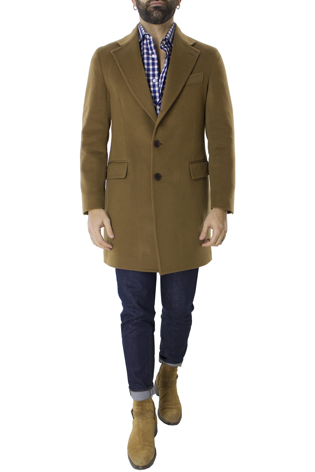 Cappotto uomo bruciato monopetto in lana rever largo made in italy