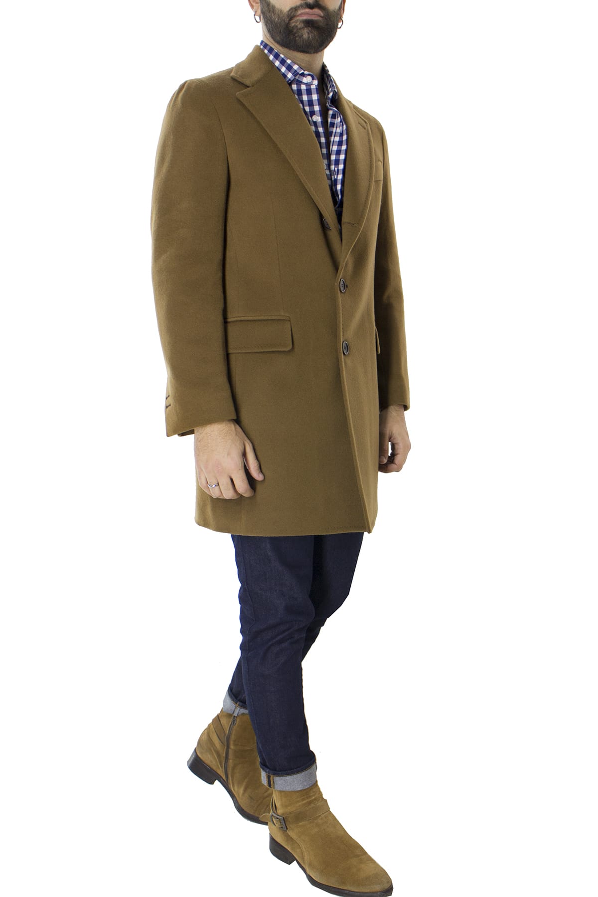 Cappotto uomo bruciato monopetto in lana rever largo made in italy