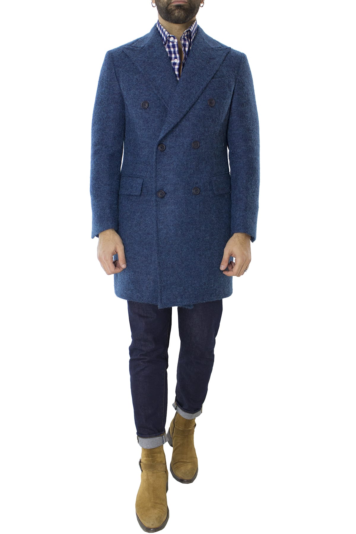Cappotto uomo bluette doppiopetto in lana mohair e seta rever largo Vitale Barberis Canonico