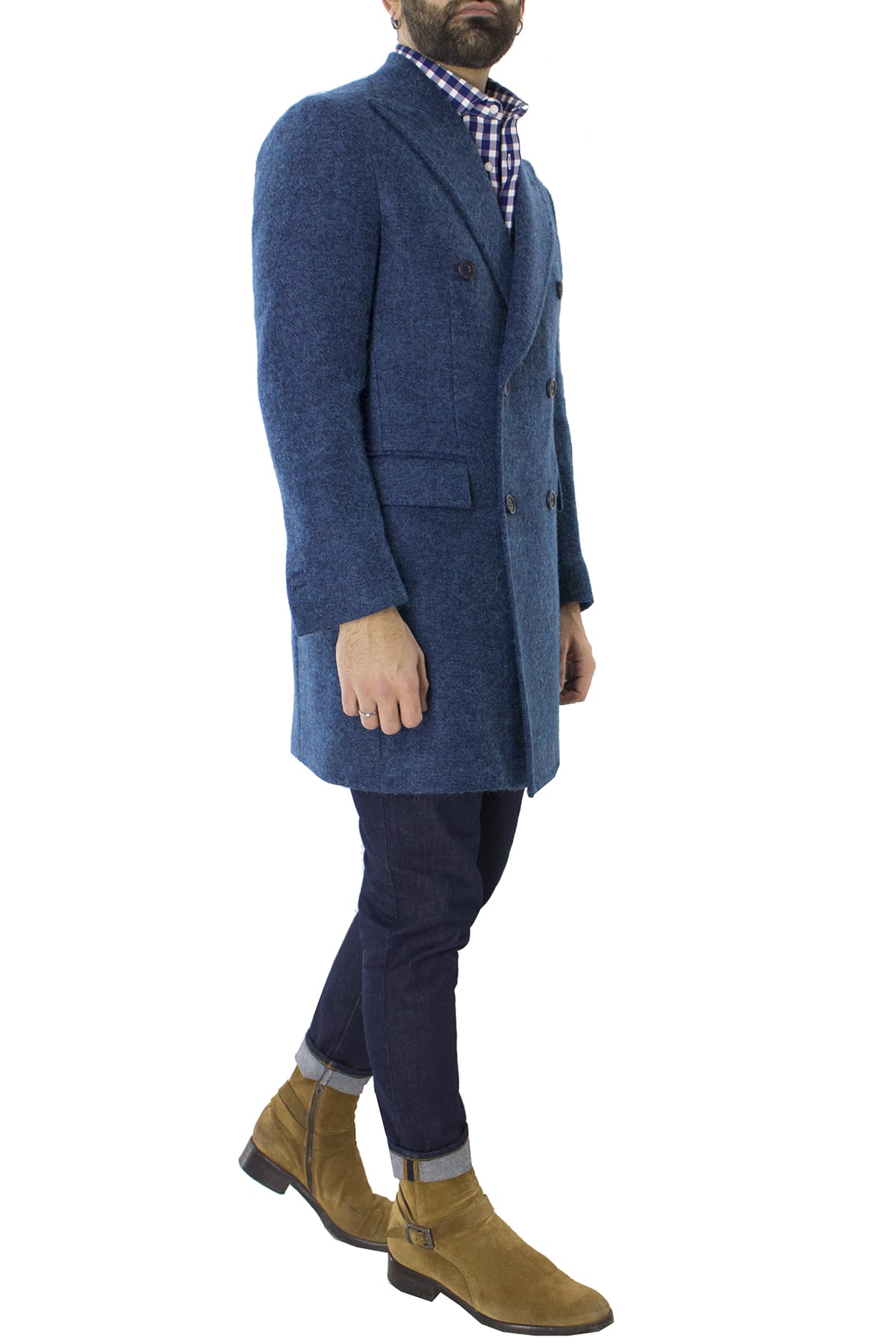 Cappotto uomo bluette doppiopetto in lana mohair e seta rever largo Vitale Barberis Canonico