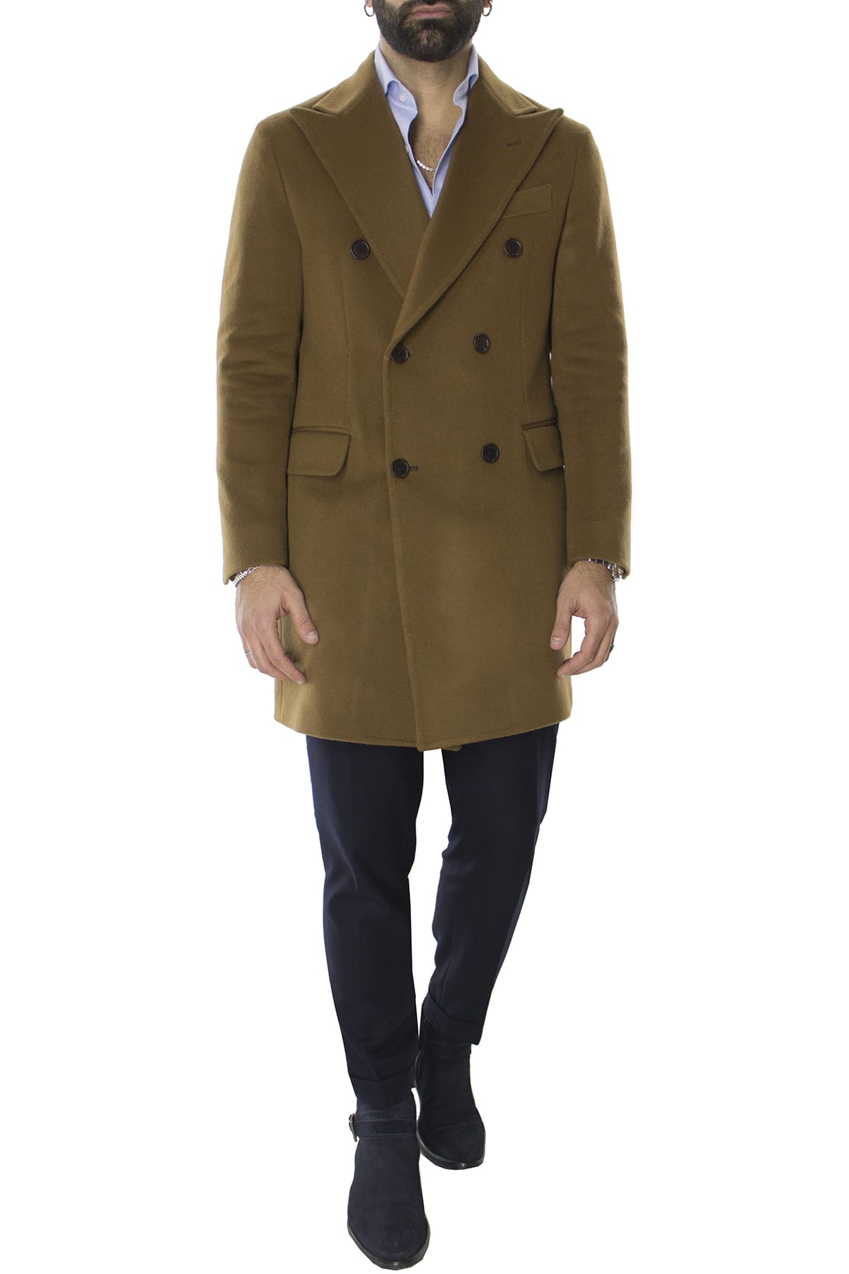 Cappotto uomo bruciato doppiopetto in lana rever largo made in italy