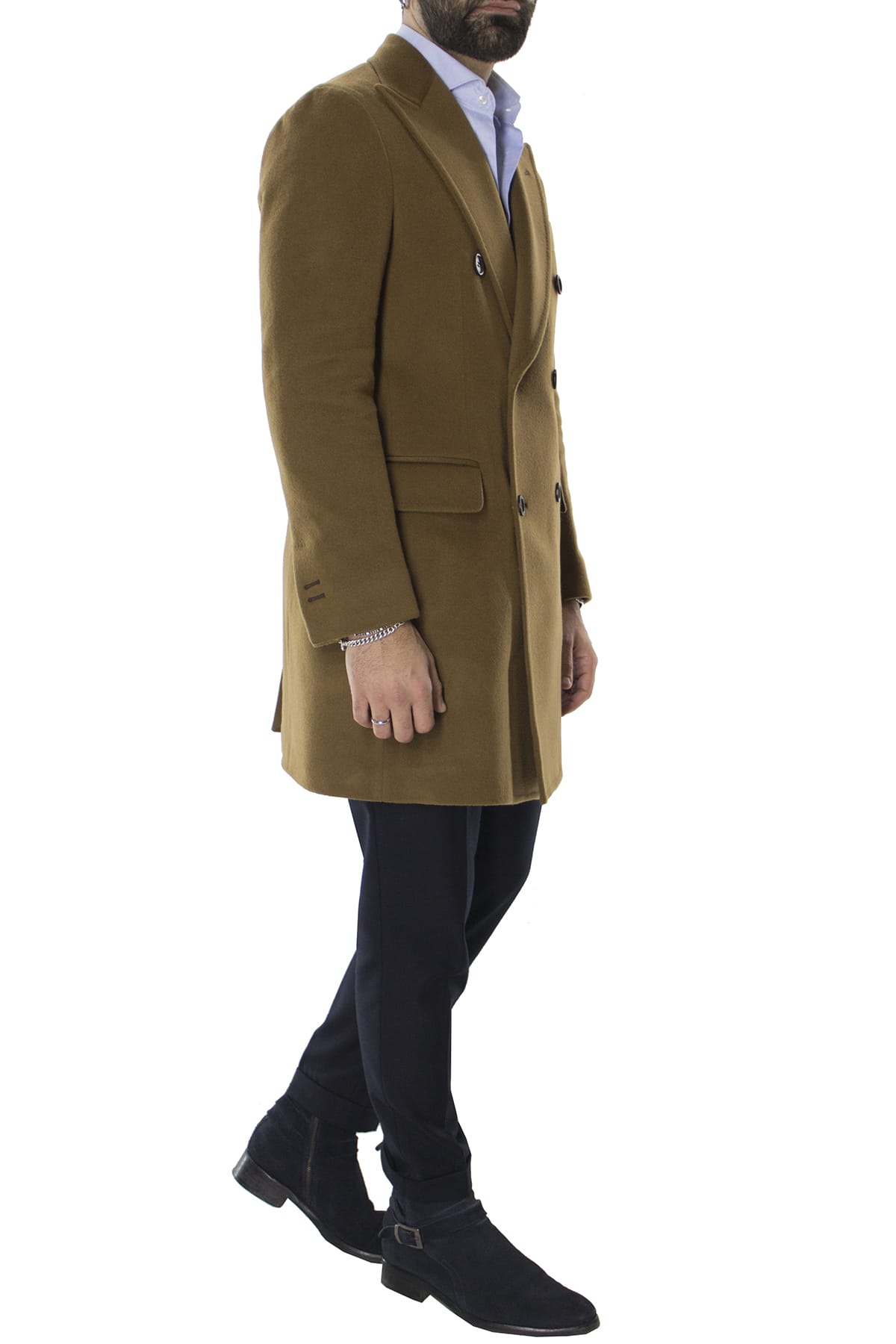 Cappotto uomo bruciato doppiopetto in lana rever largo made in italy