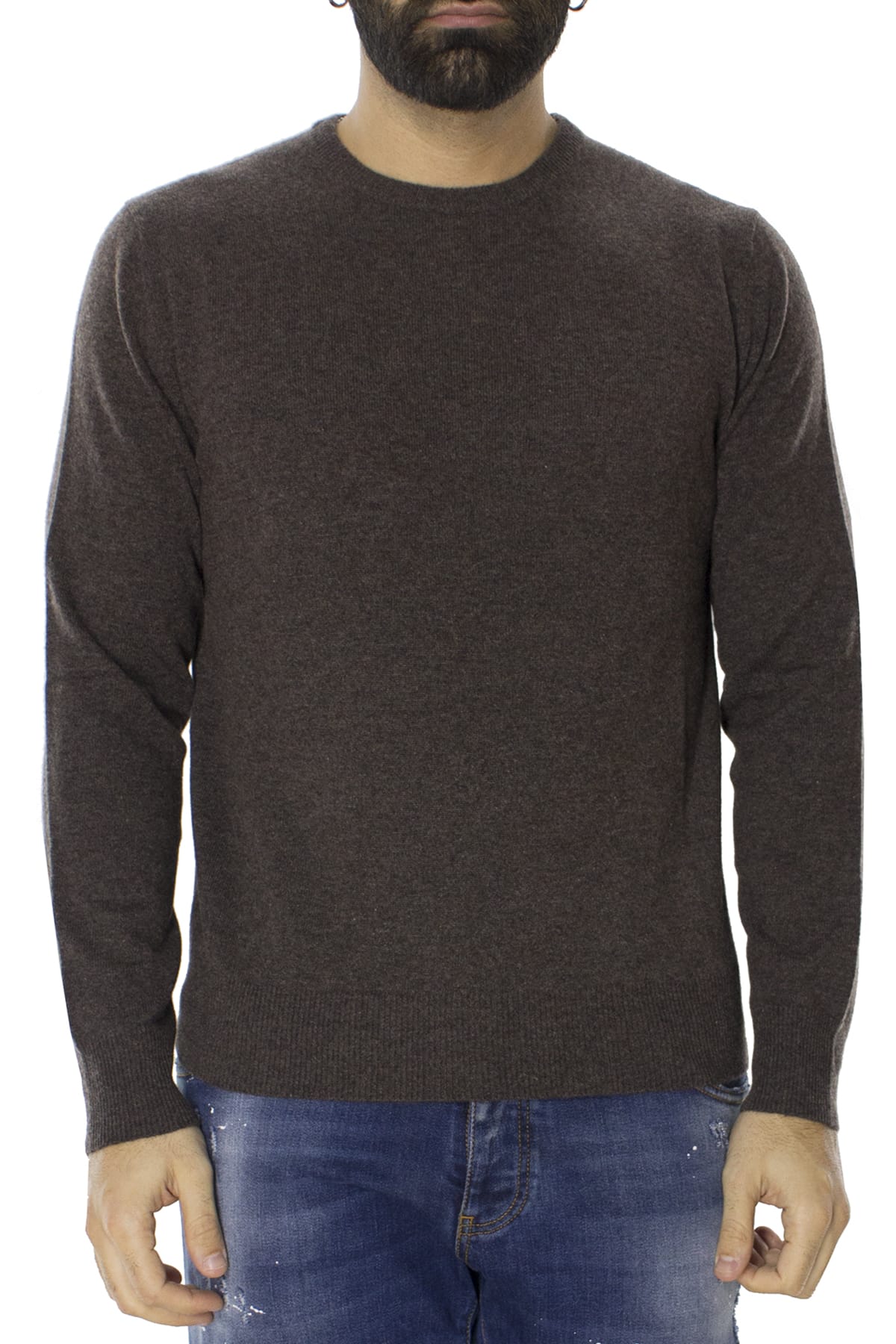 Maglione uomo Girocollo marrone in puro cashmere 100% slim fit made in italy