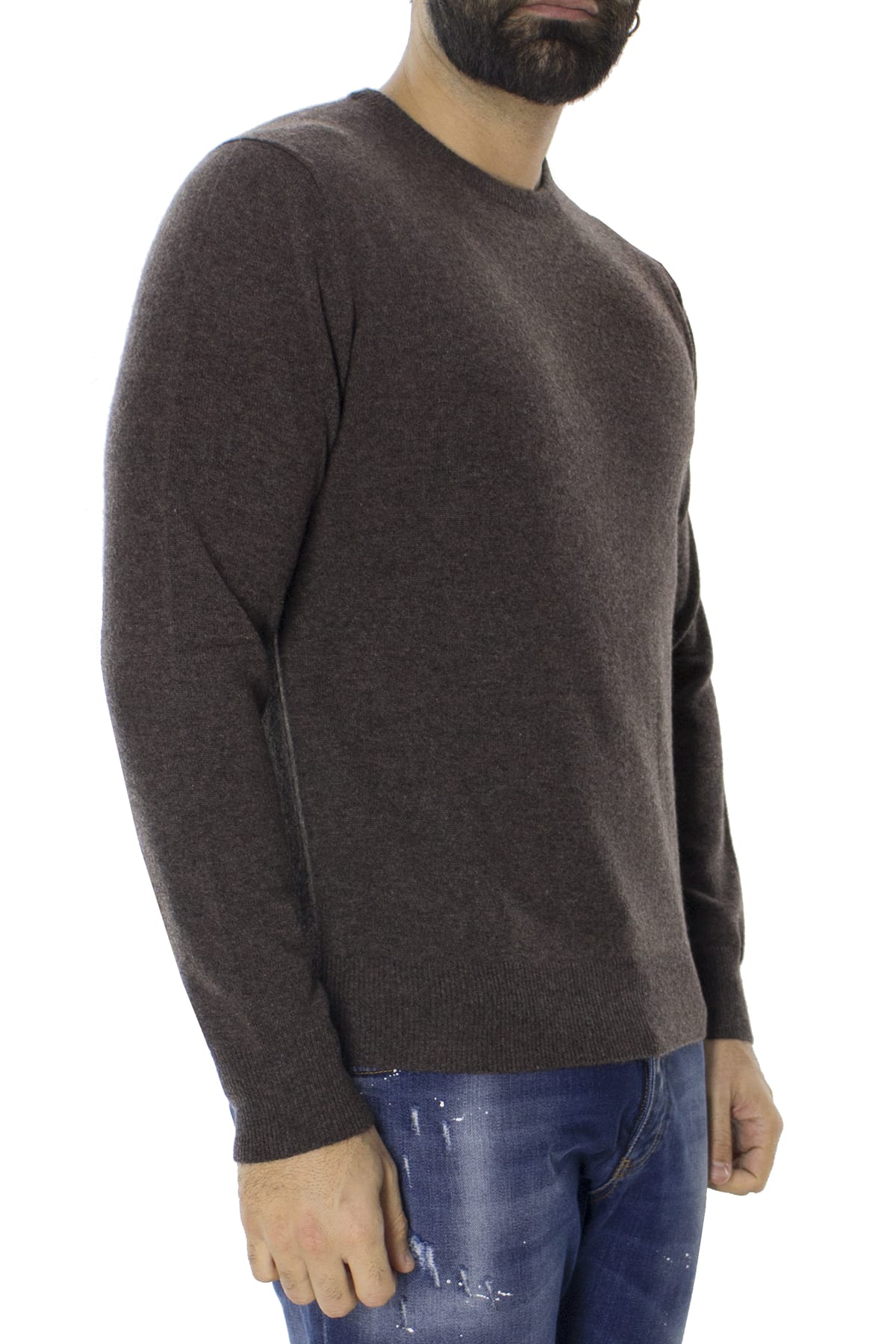 Maglione uomo Girocollo marrone in puro cashmere 100% slim fit made in italy