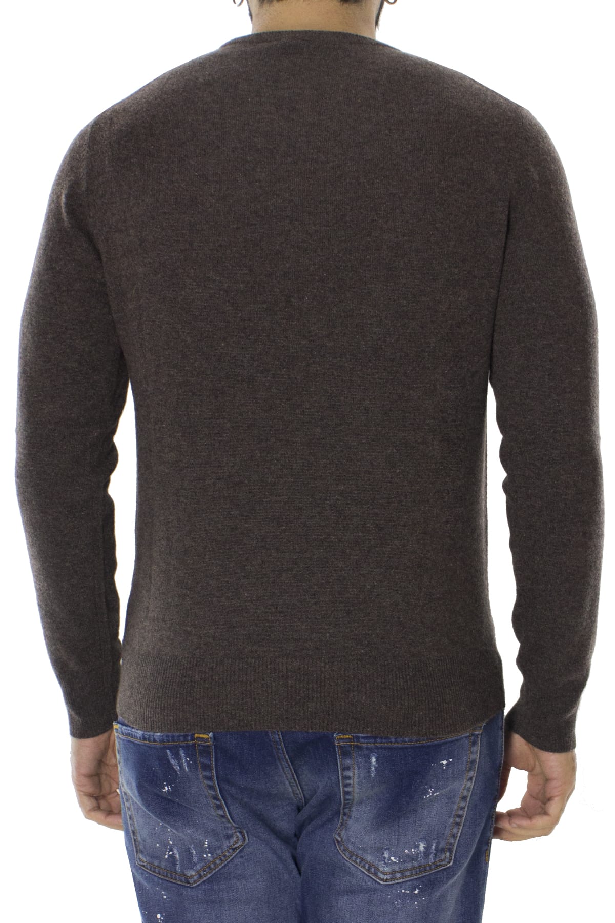 Maglione uomo Girocollo marrone in puro cashmere 100% slim fit made in italy