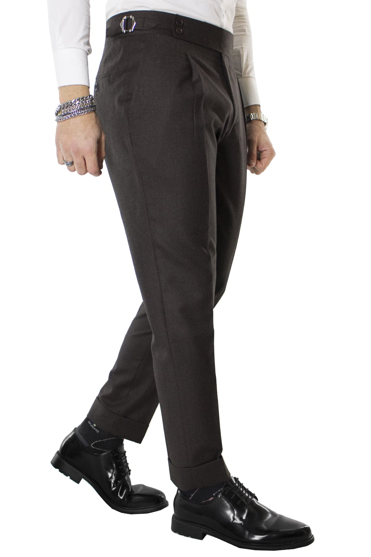 Pantalone uomo marrone in lana vita alta con pinces e fibbie laterali vitale barberis canonico