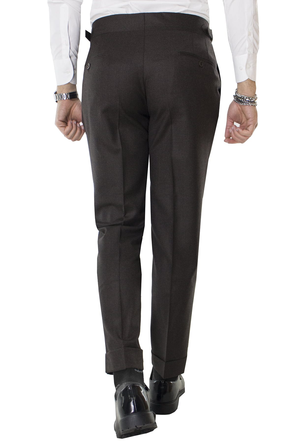 Pantalone uomo marrone in lana vita alta con pinces e fibbie laterali vitale barberis canonico
