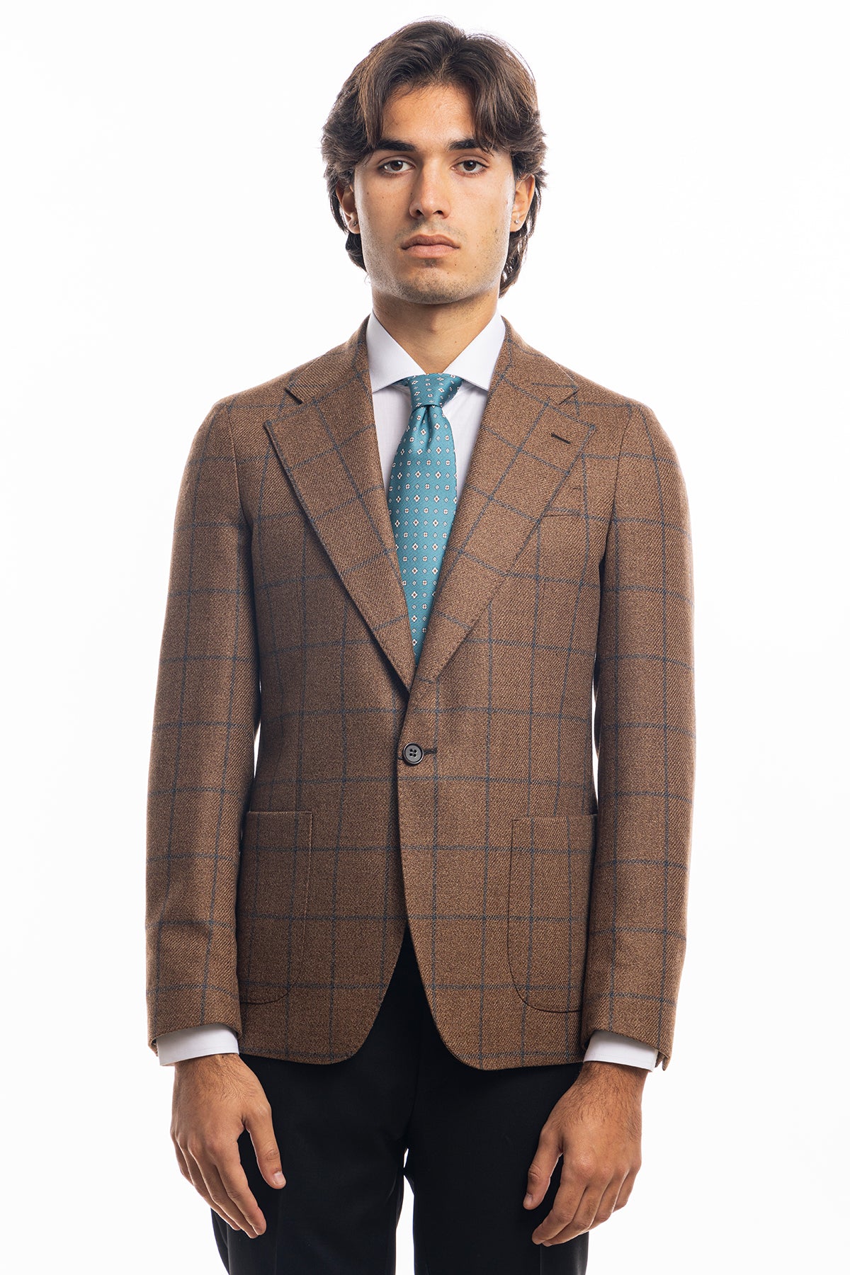 Giacca uomo monopetto marrone a quadri in lana sartoriale slim fit rever largo vitale barberis canonico