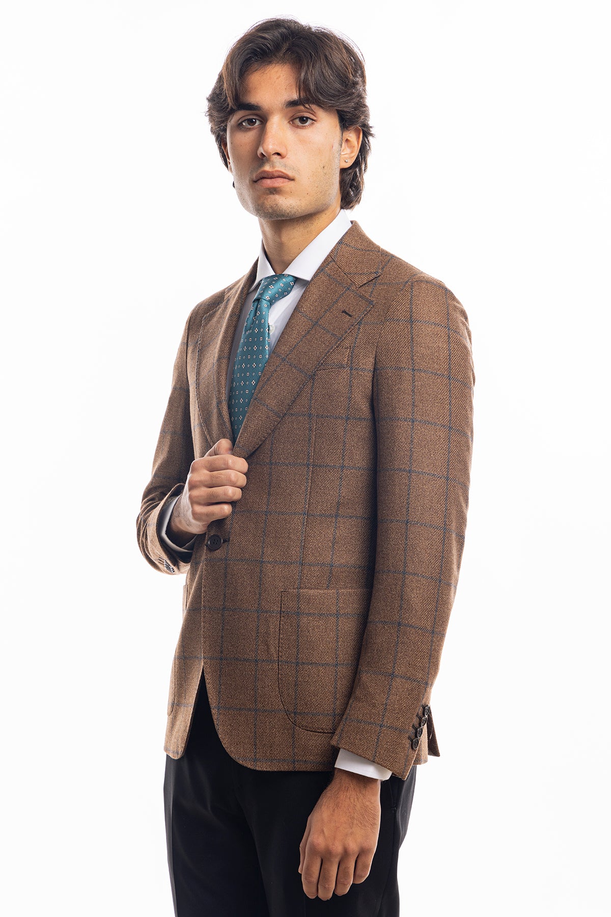 Giacca uomo monopetto marrone a quadri in lana sartoriale slim fit rever largo vitale barberis canonico