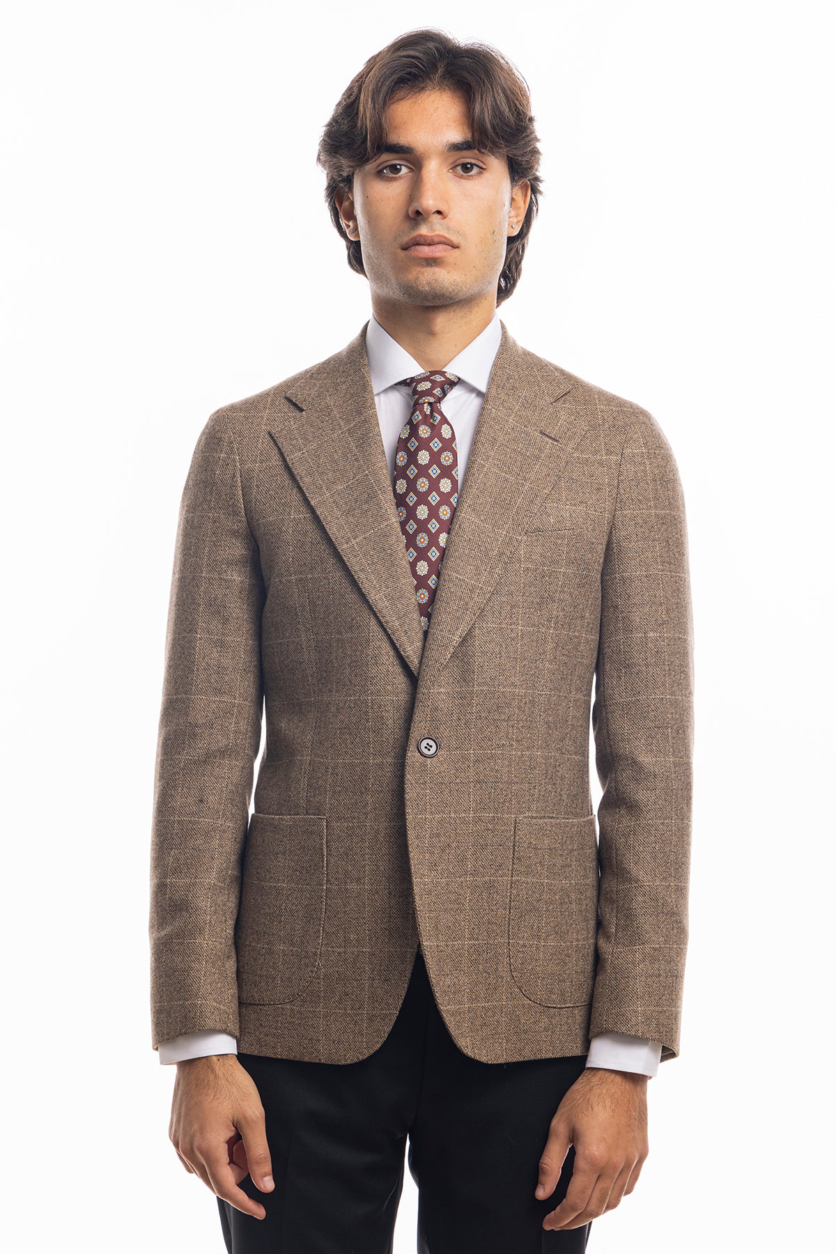 Giacca uomo monopetto beige a quadri in lana sartoriale slim fit rever largo vitale barberis canonico