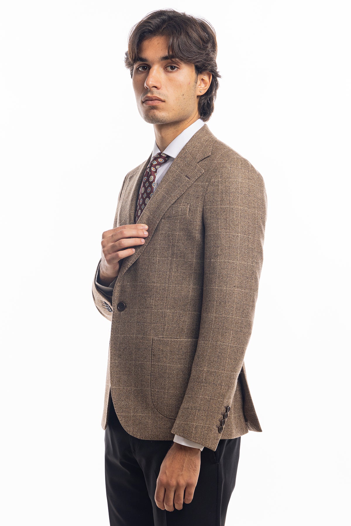 Giacca uomo monopetto beige a quadri in lana sartoriale slim fit rever largo vitale barberis canonico
