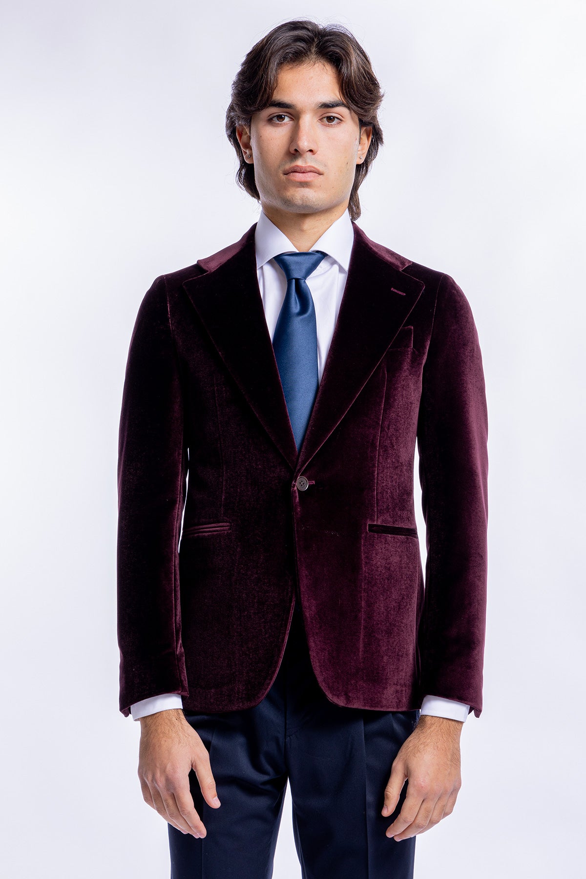 Giacca uomo monopetto bordeaux in velluto liscio sartoriale slim fit rever largo