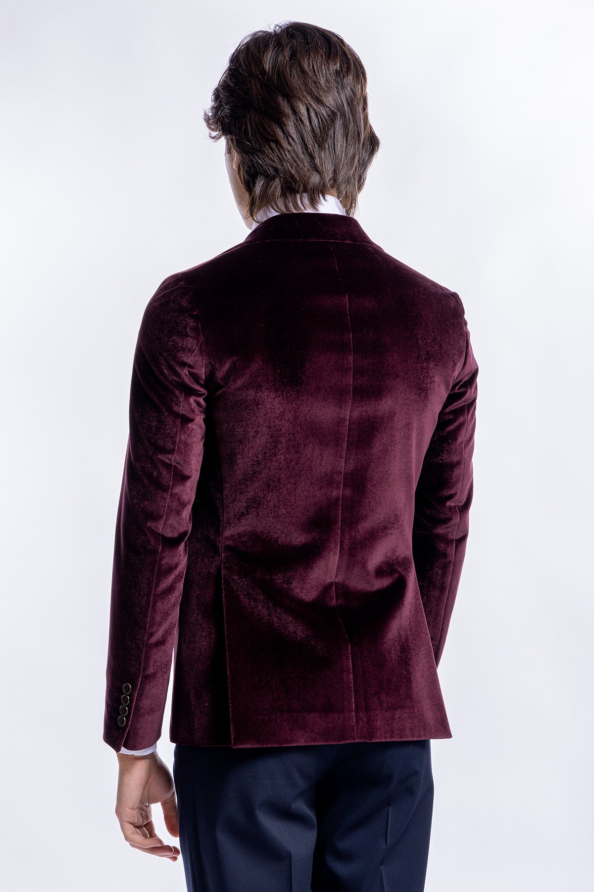 Giacca uomo monopetto bordeaux in velluto liscio sartoriale slim fit rever largo