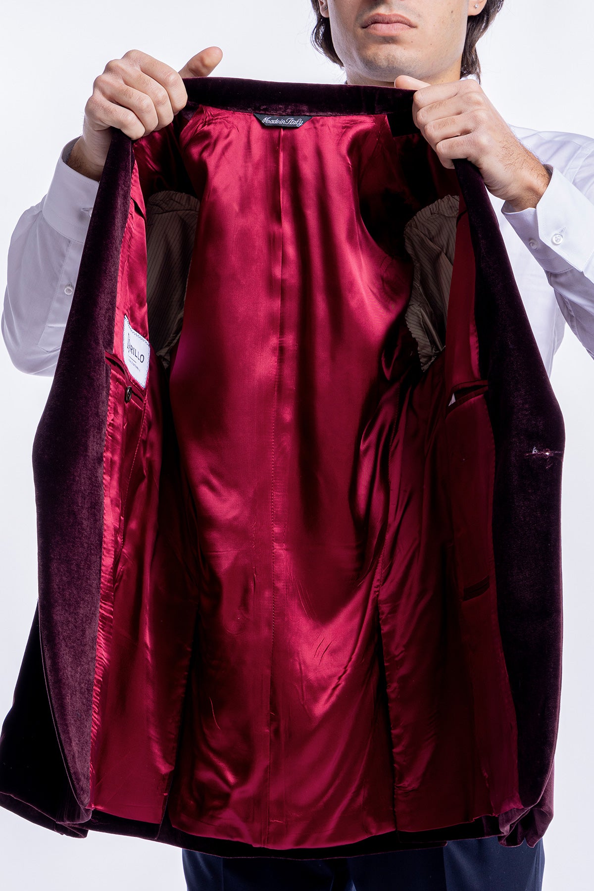Giacca uomo monopetto bordeaux in velluto liscio sartoriale slim fit rever largo