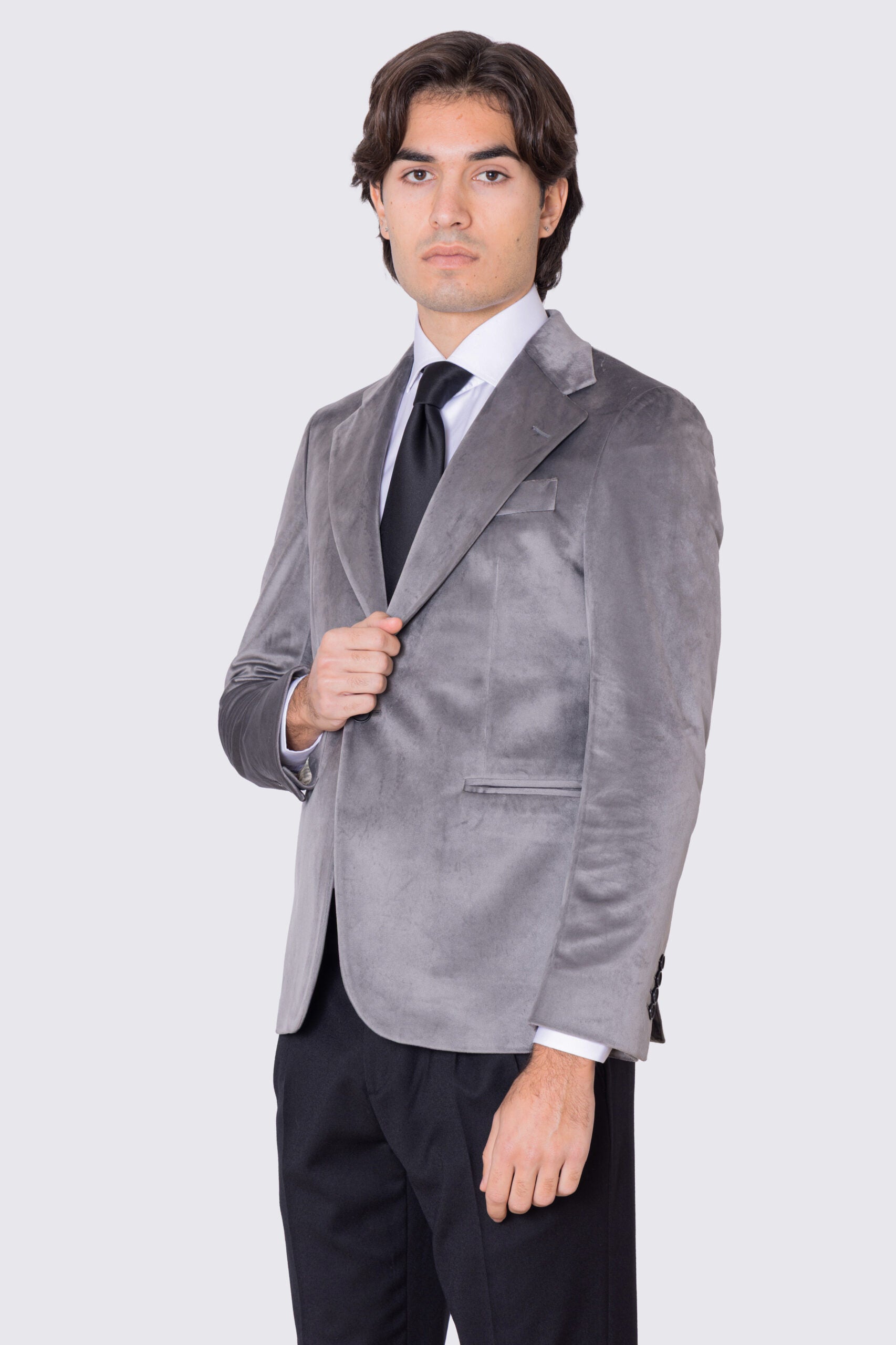 Giacca uomo monopetto grigio chiaro in velluto liscio sartoriale slim fit rever largo