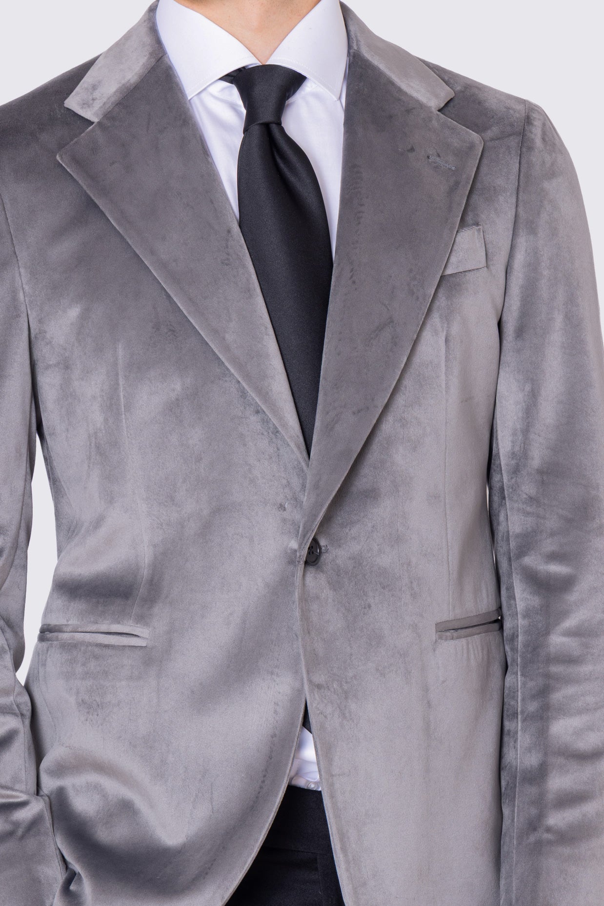 Giacca uomo monopetto grigio chiaro in velluto liscio sartoriale slim fit rever largo