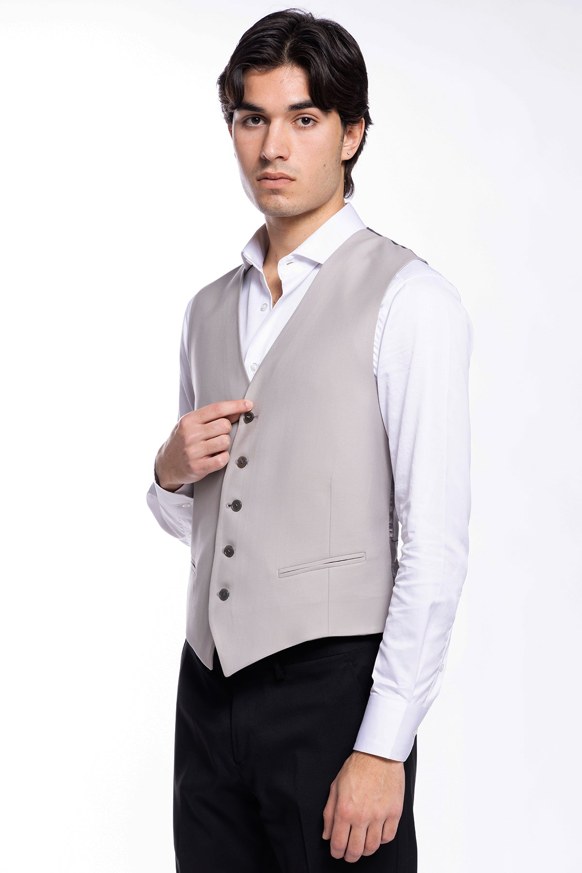 Gilet uomo monopetto grigio da cerimonia in fresco lana slim fit tessuto holland e sherry