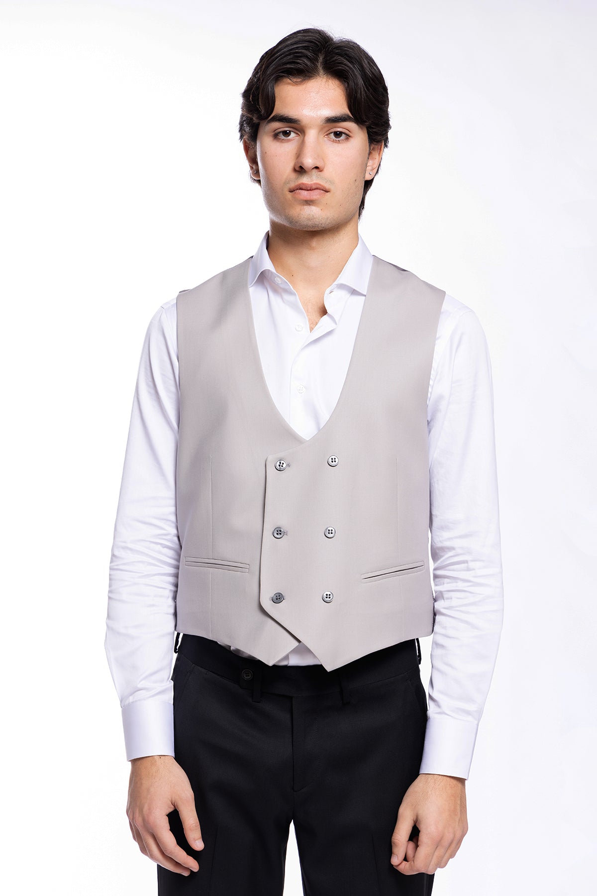 Gilet uomo doppiopetto grigio da cerimonia in fresco lana slim fit tessuto holland e sherry