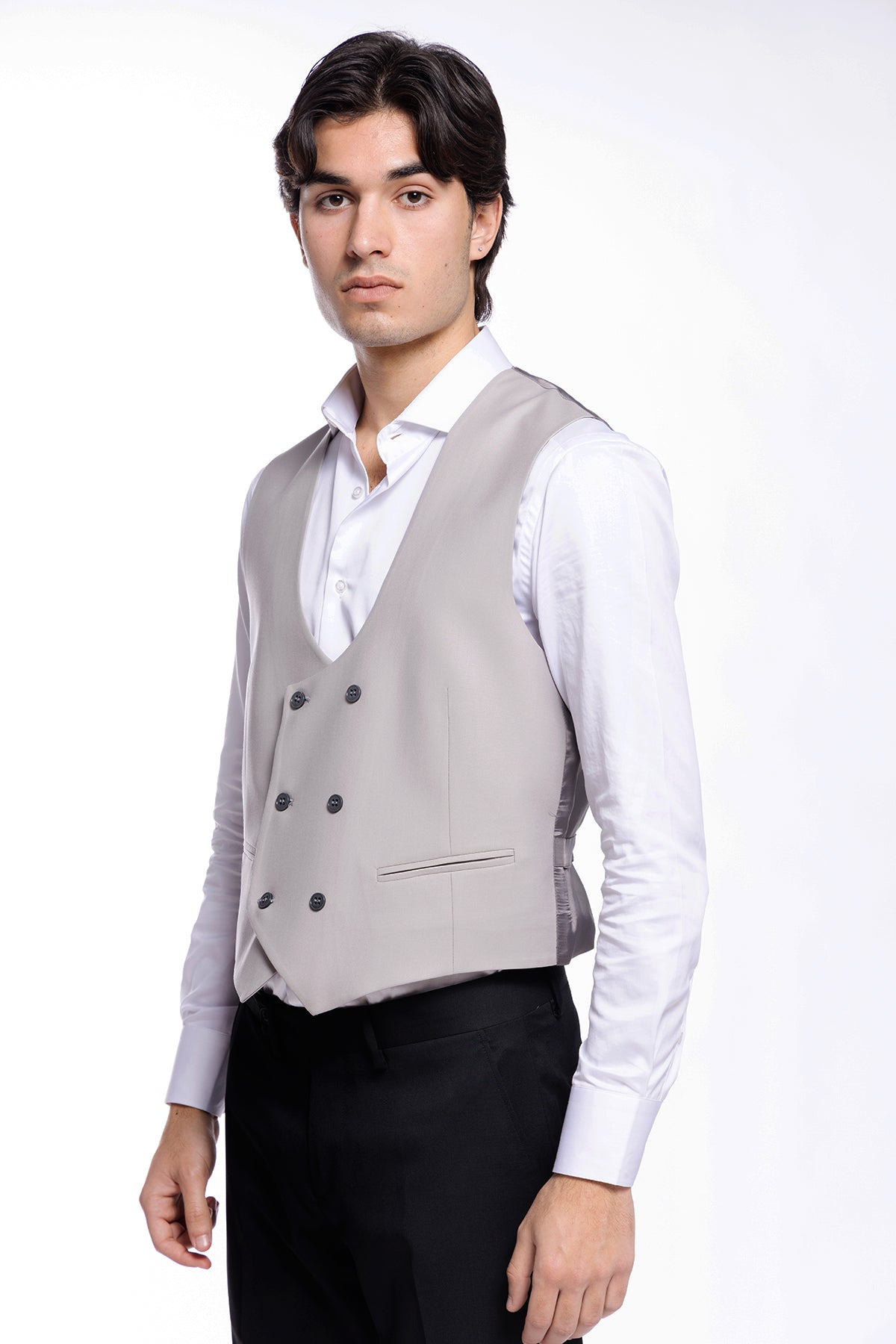 Gilet uomo doppiopetto grigio da cerimonia in fresco lana slim fit tessuto holland e sherry