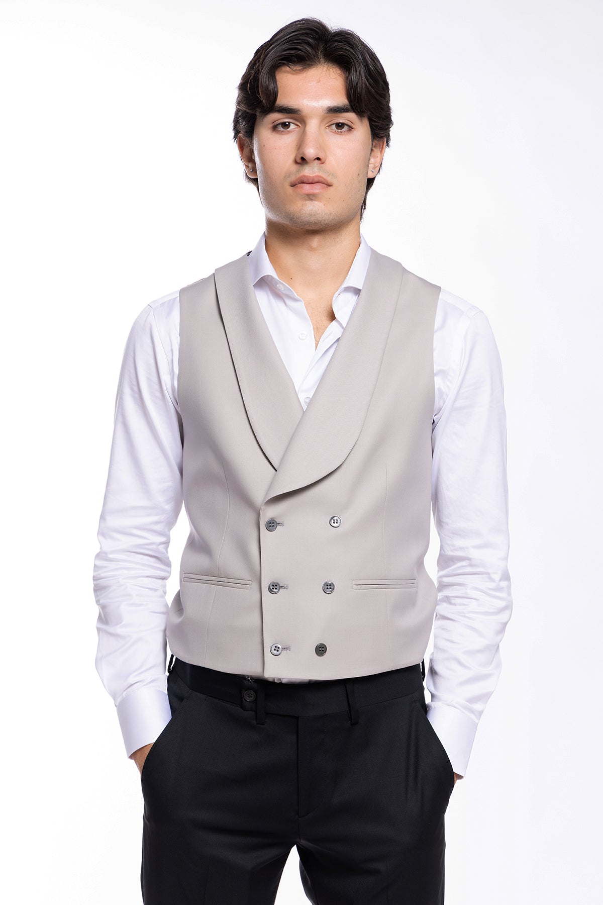 Gilet uomo doppiopetto grigio da cerimonia in fresco con rever a scialle lana slim fit tessuto holland e sherry