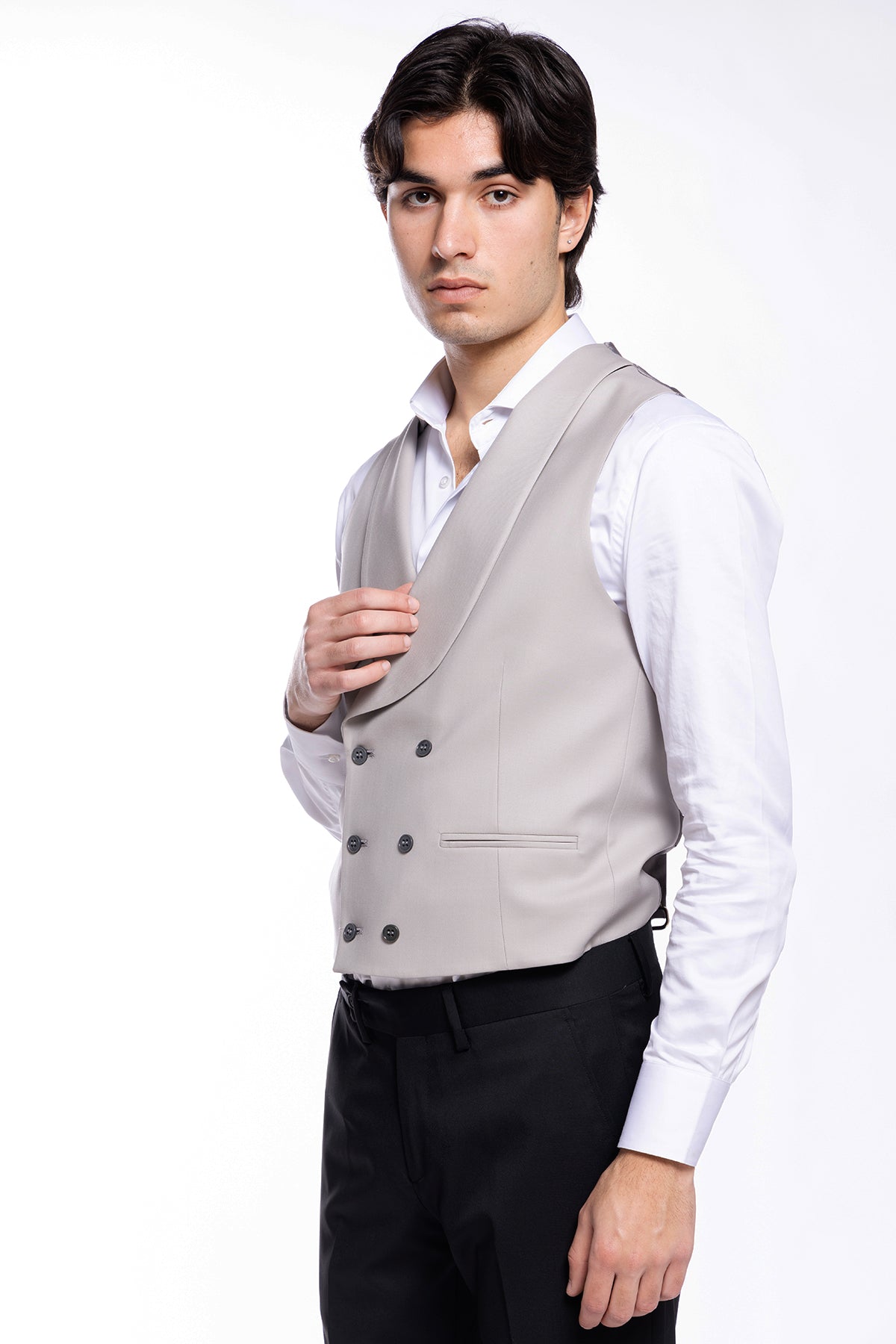 Gilet uomo doppiopetto grigio da cerimonia in fresco con rever a scialle lana slim fit tessuto holland e sherry
