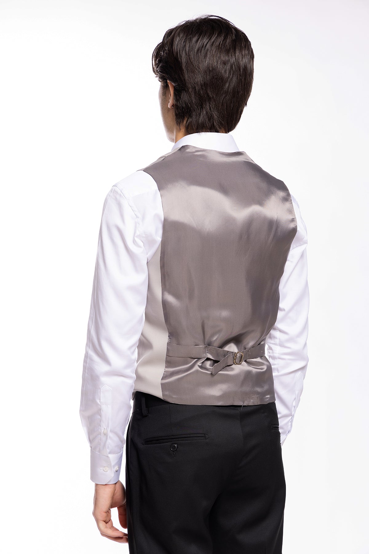 Gilet uomo doppiopetto grigio da cerimonia in fresco con rever a scialle lana slim fit tessuto holland e sherry