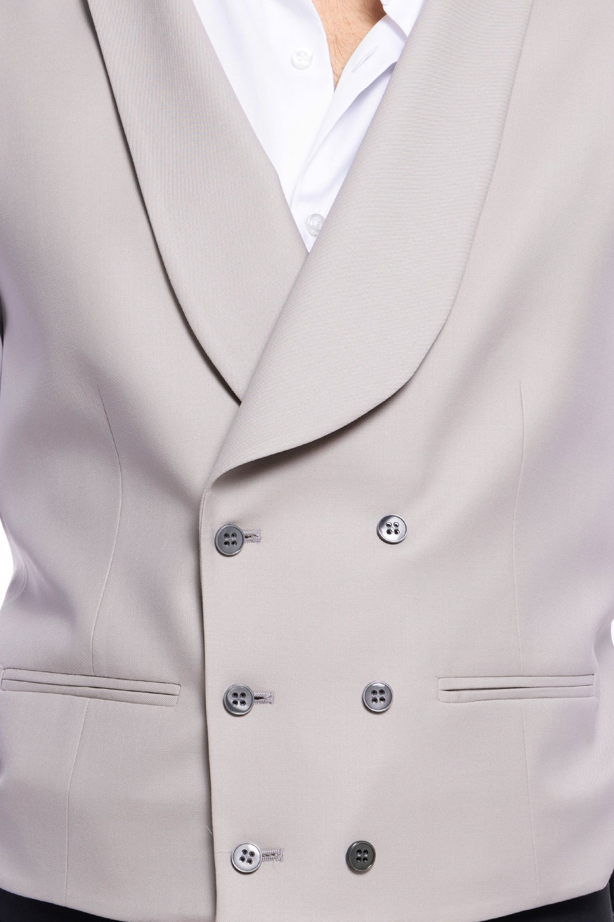 Gilet uomo doppiopetto grigio da cerimonia in fresco con rever a scialle lana slim fit tessuto holland e sherry
