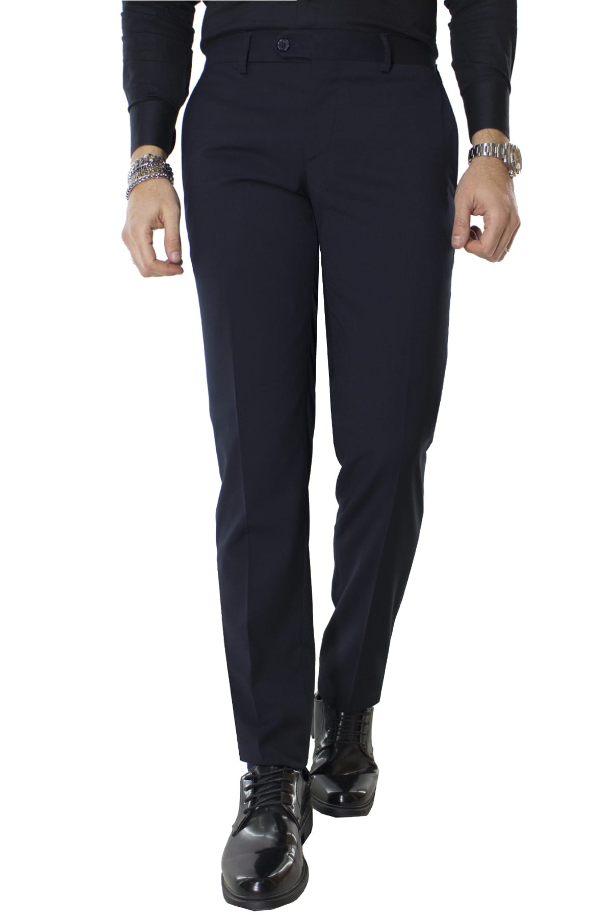 Pantalone uomo blu in fresco lana con tasche america orlo naturale