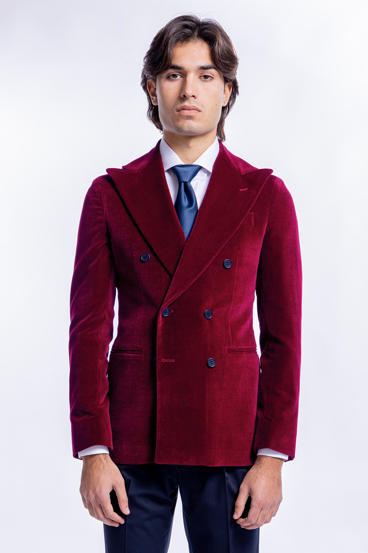 Giacca uomo doppiopetto rossa in velluto liscio sartoriale slim fit rever largo