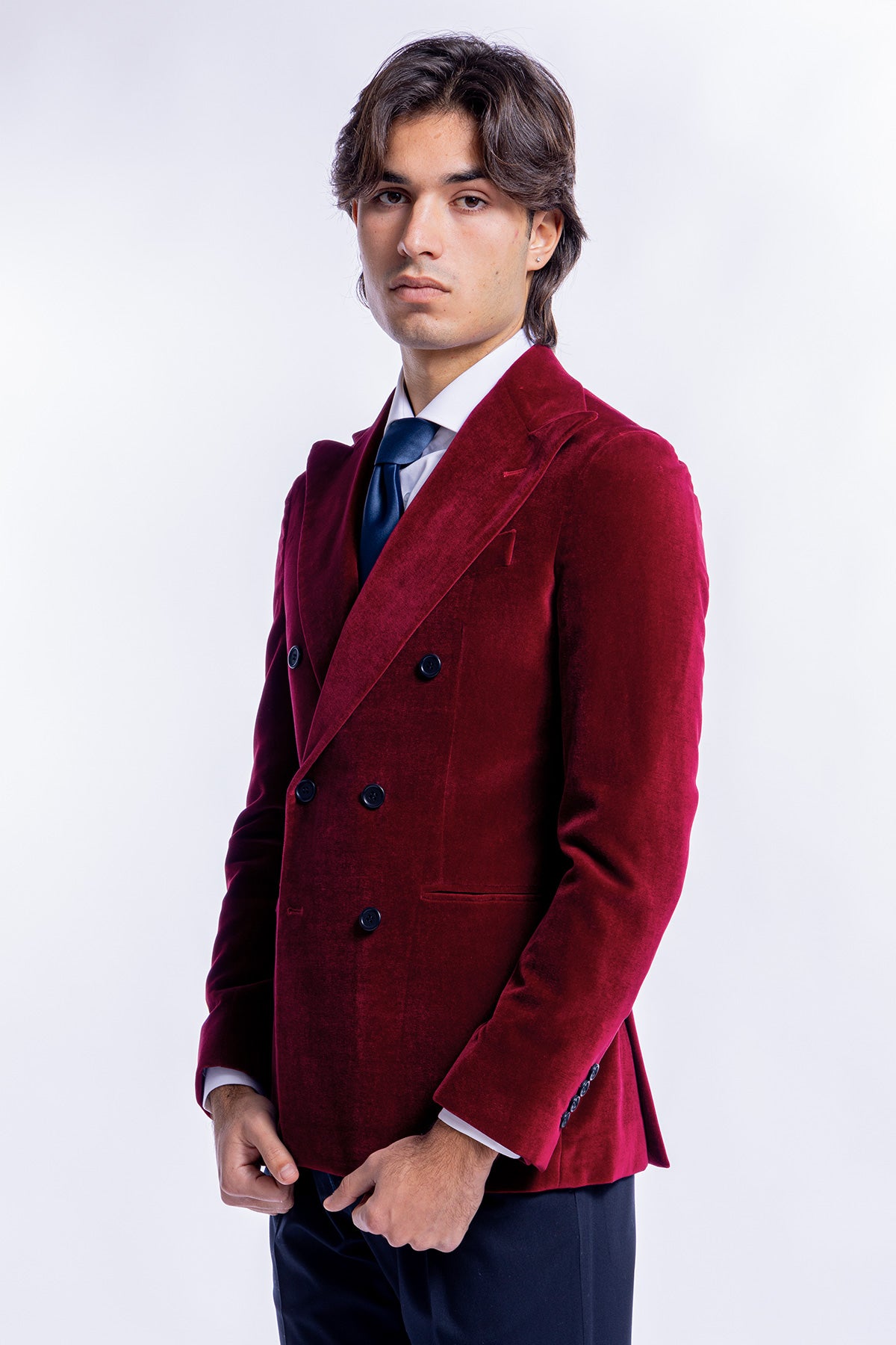 Giacca uomo doppiopetto rossa in velluto liscio sartoriale slim fit rever largo