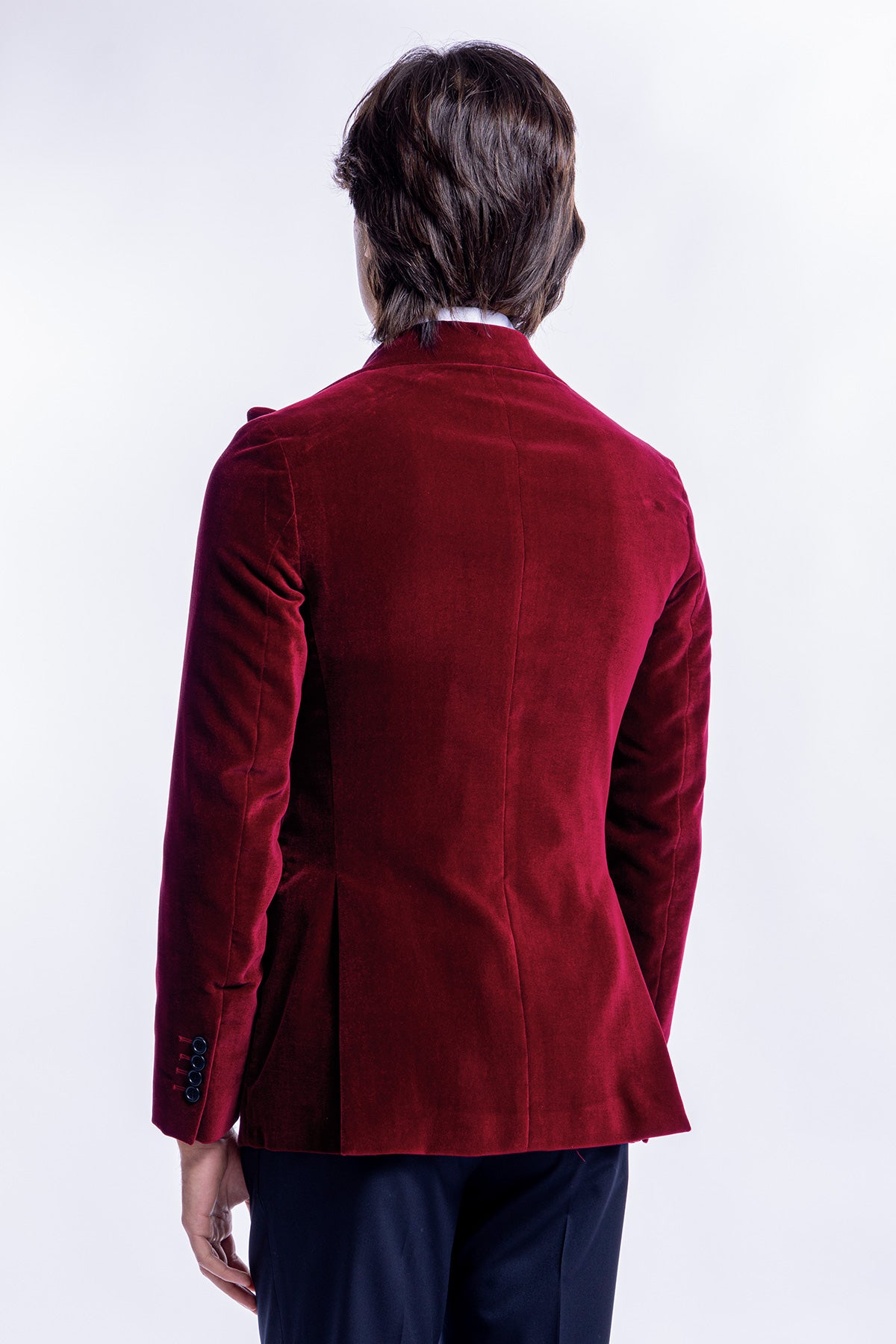 Giacca uomo doppiopetto rossa in velluto liscio sartoriale slim fit rever largo