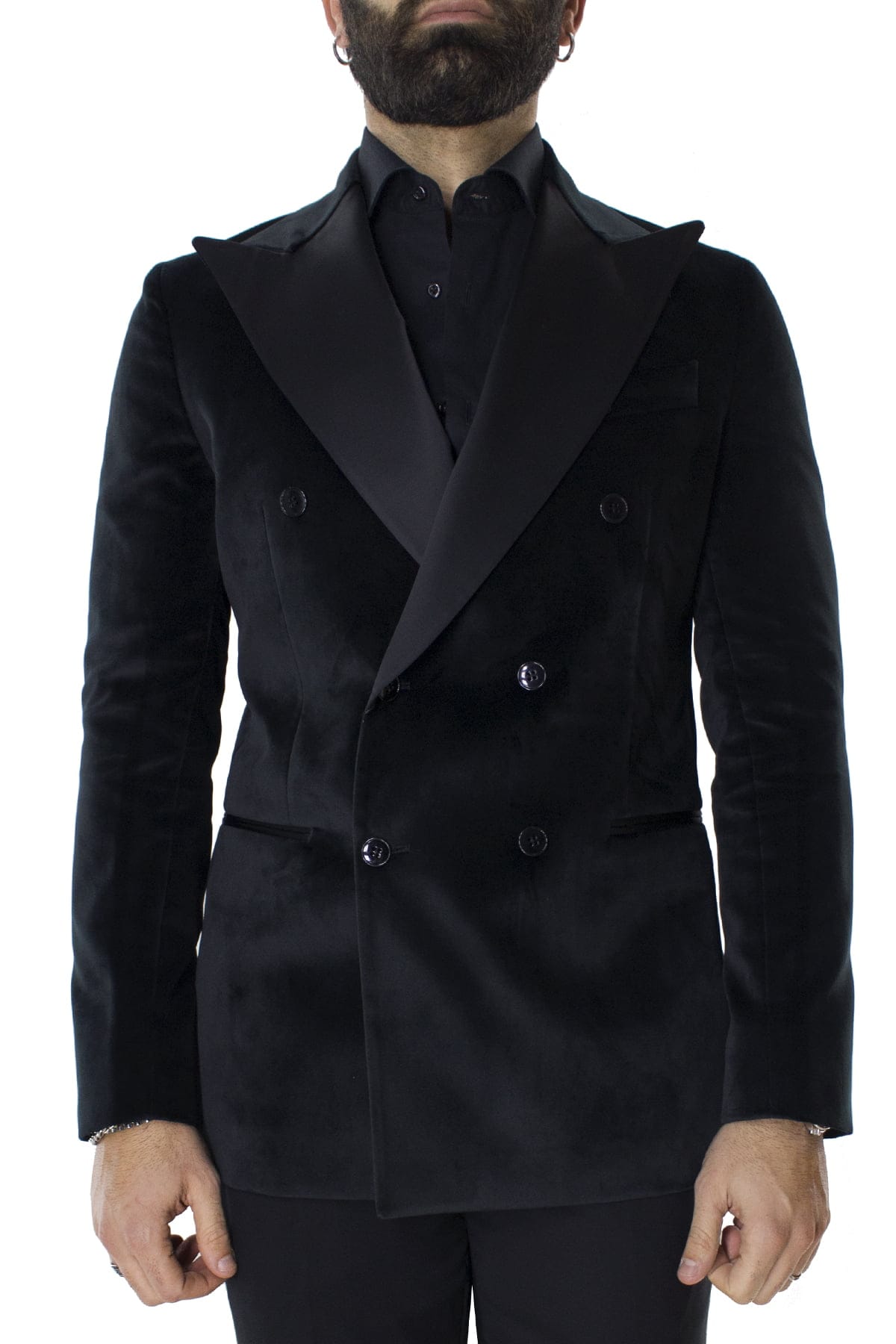 Giacca uomo doppiopetto nera in velluto liscio con rever in raso sartoriale slim fit rever largo