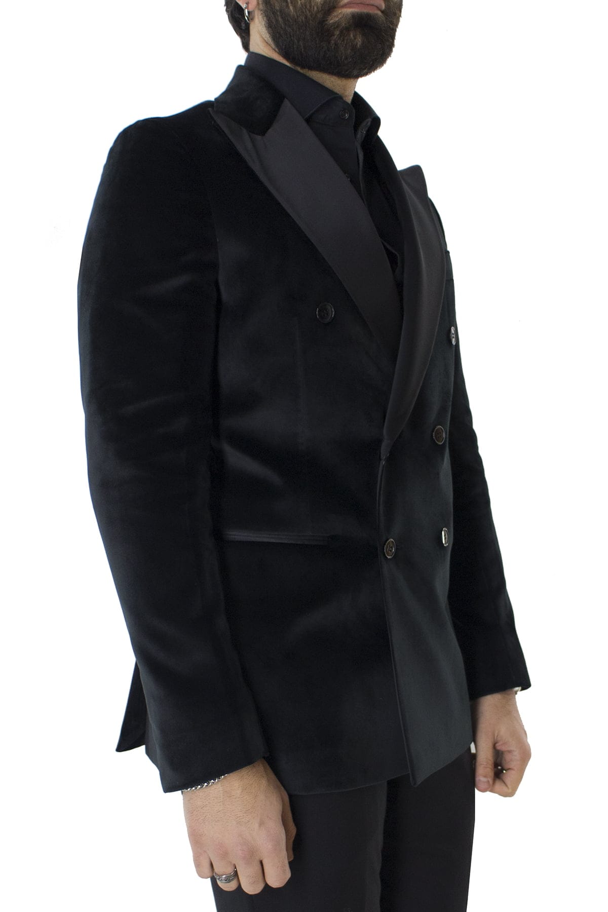 Giacca uomo doppiopetto nera in velluto liscio con rever in raso sartoriale slim fit rever largo