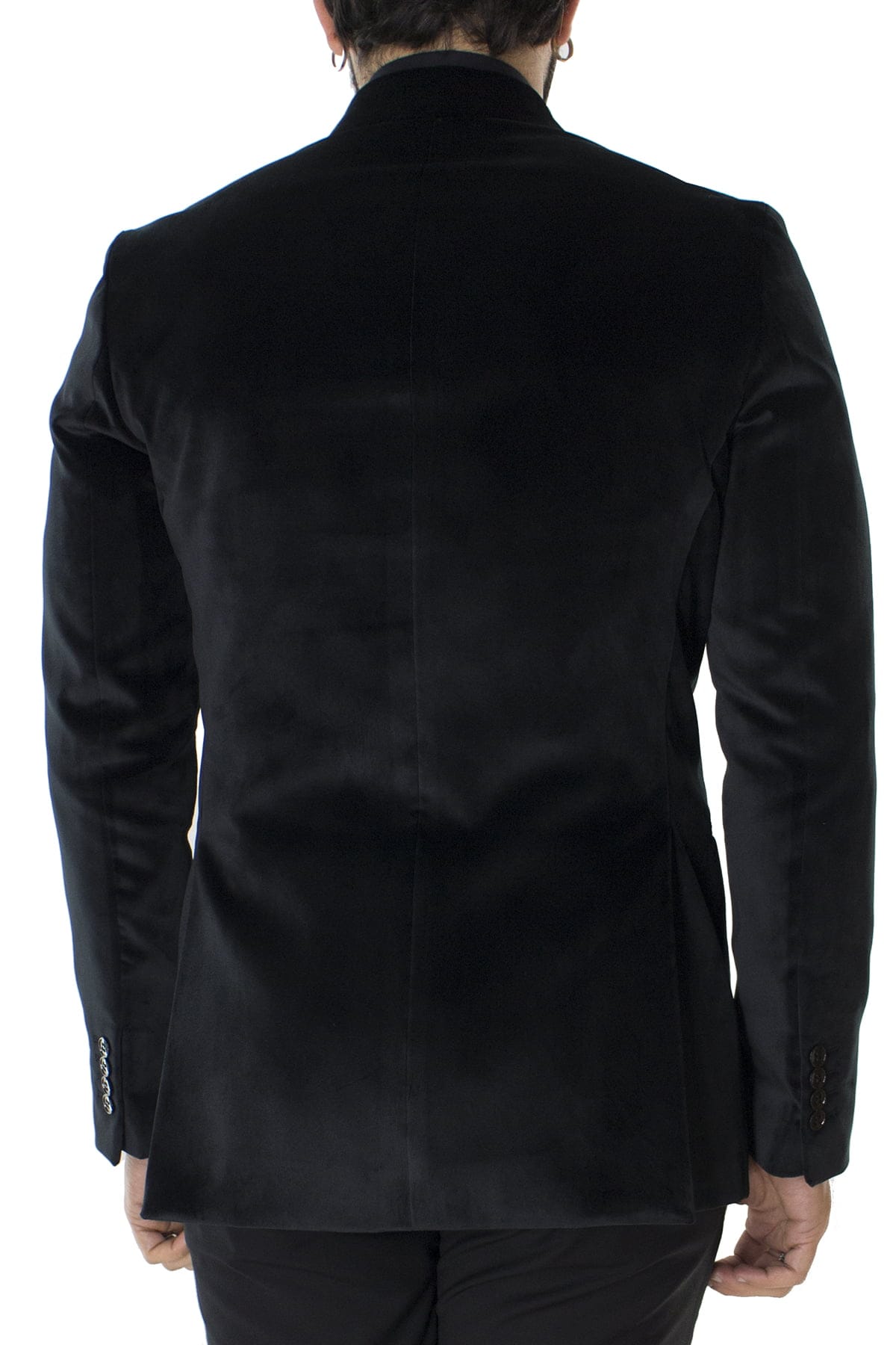 Giacca uomo doppiopetto nera in velluto liscio con rever in raso sartoriale slim fit rever largo